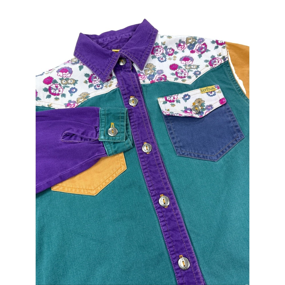 Vintage Bonjour Girls Shirt Size 8 Red Purple Green Floral Denim Long Sleeve